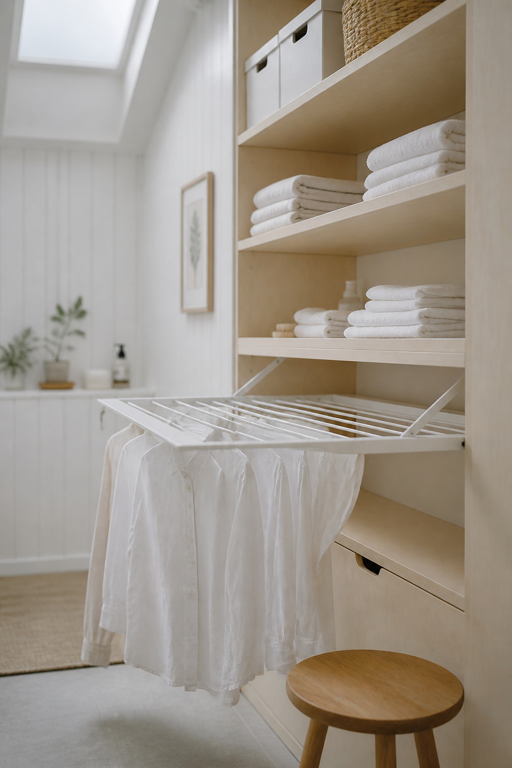 Compact Scandinavian laundry room with wall-mounted drying rack extended and birch shelving holding white linen