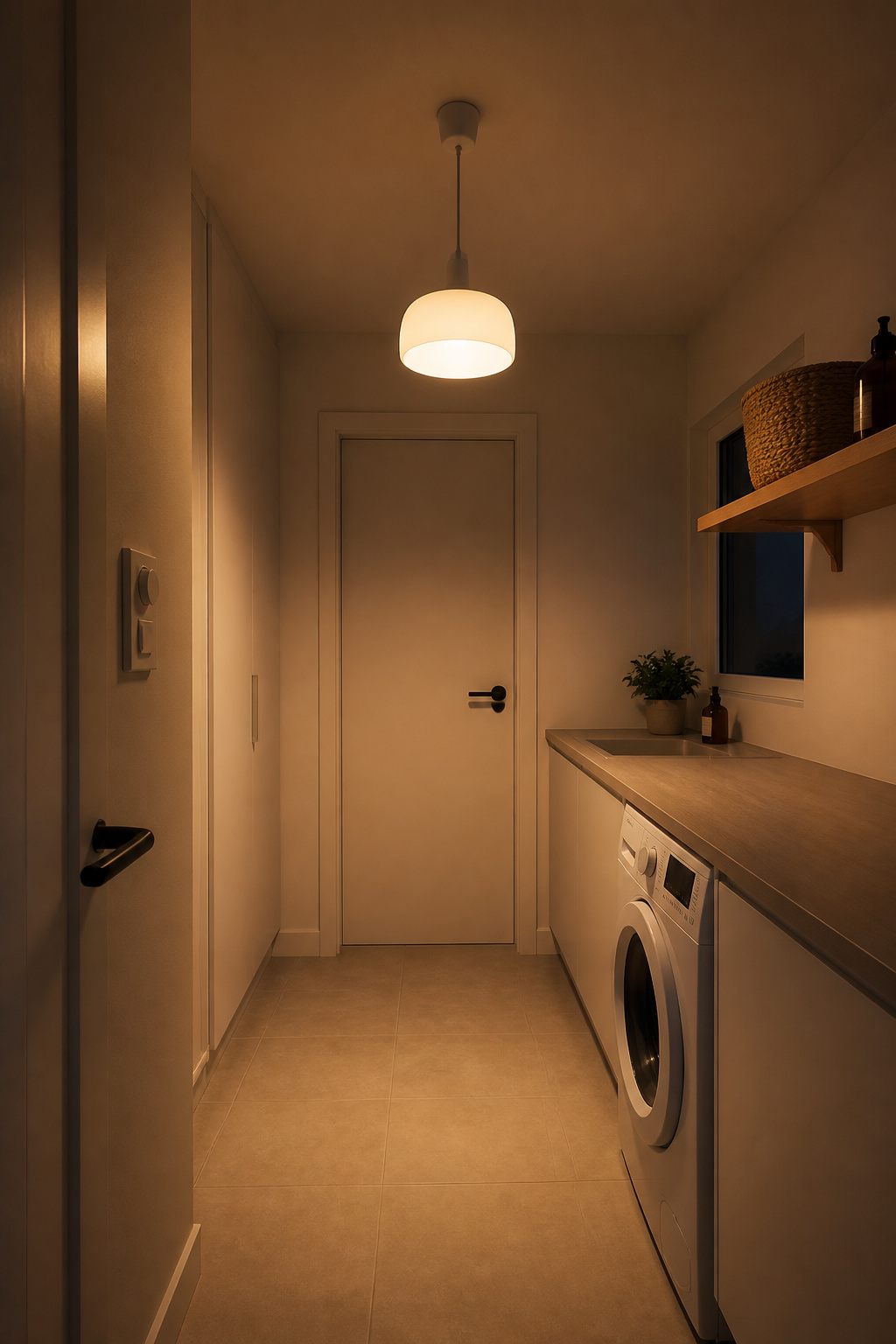 Scandinavian laundry room at dusk with single matte white frosted globe pendant glowing warm 2700K, oak shelf with seagrass basket catching warm light, white walls and stone-look tile floor in soft shadow