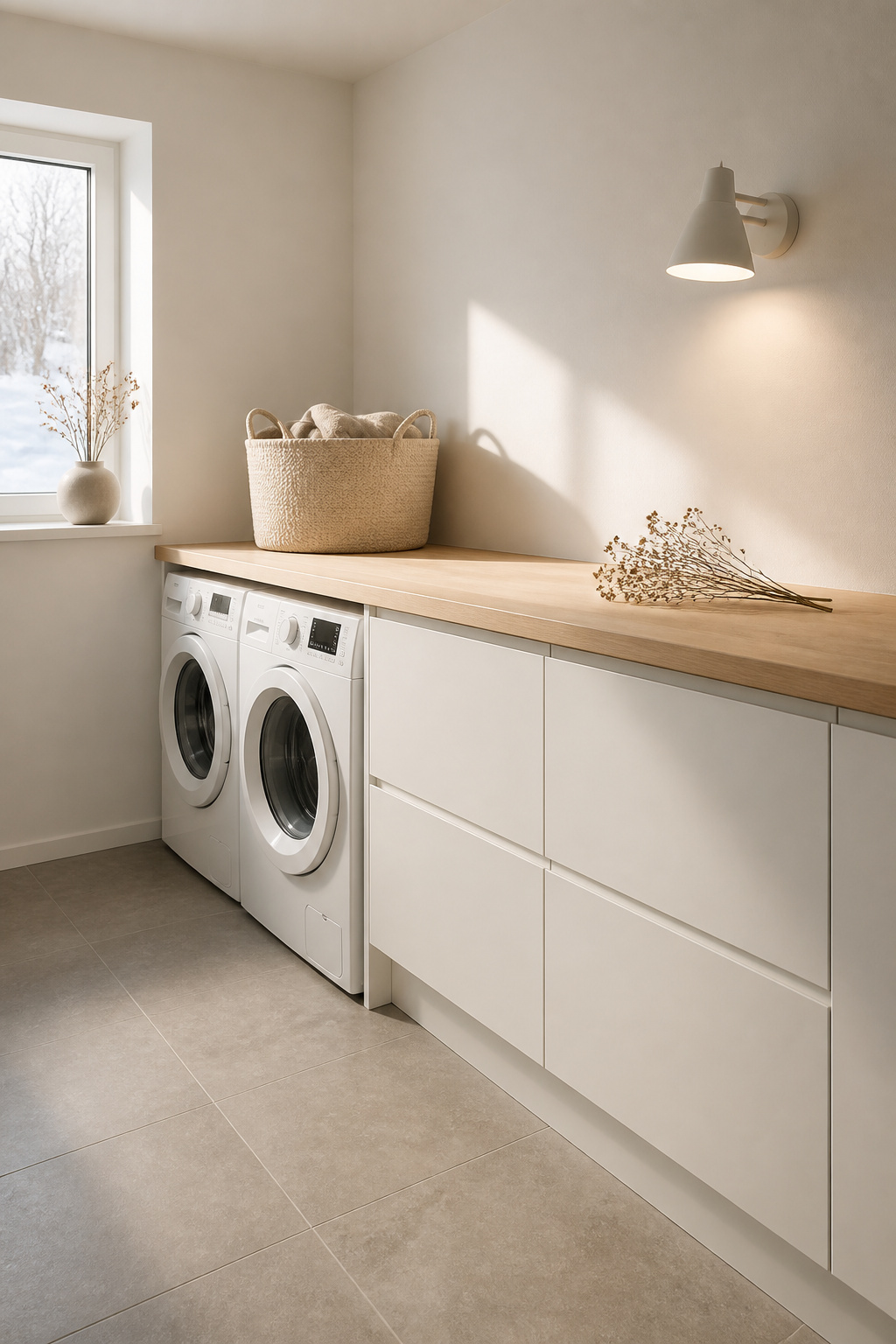 Nordic laundry room in warm off-white with pale oak countertop, warm-grey stone tile floor, and linen basket as the single colour accent