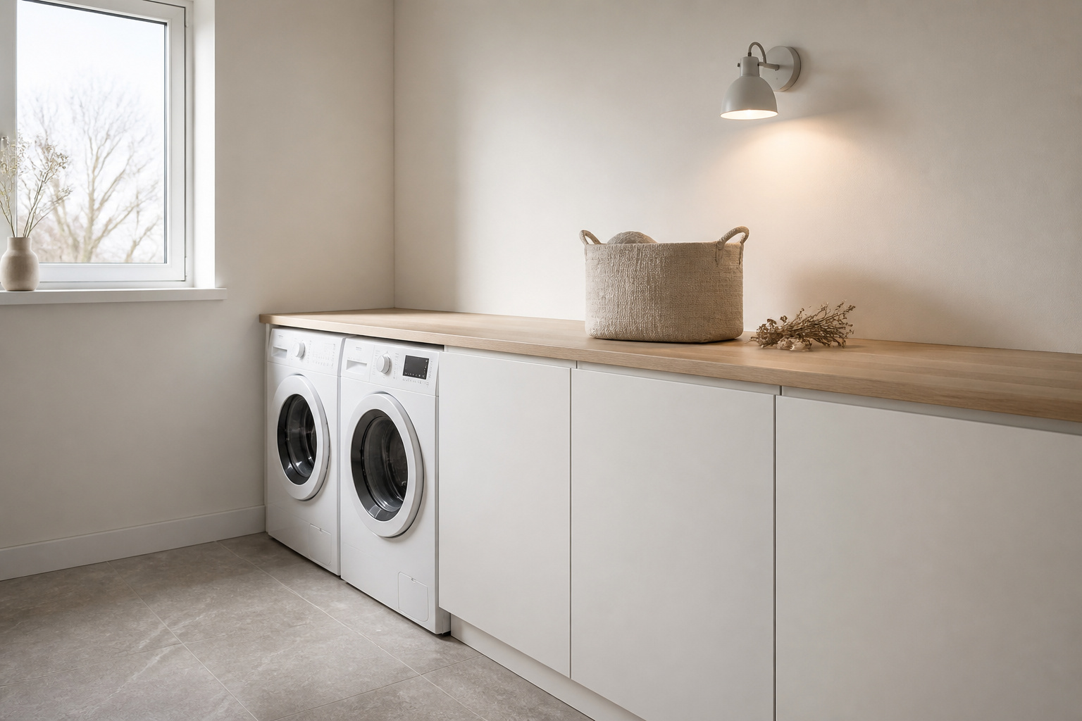 Nordic laundry room in warm off-white with pale oak countertop, warm-grey stone tile floor, and linen basket as the single colour accent