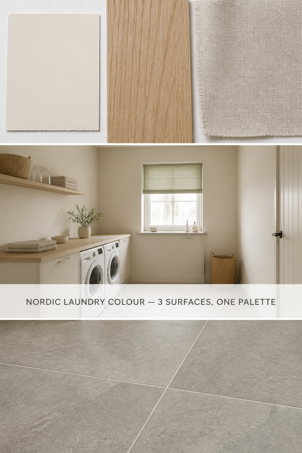 Pinterest guide to Nordic laundry room colour palette showing paint, pale oak wood, linen textile, and warm-grey stone tile swatches together
