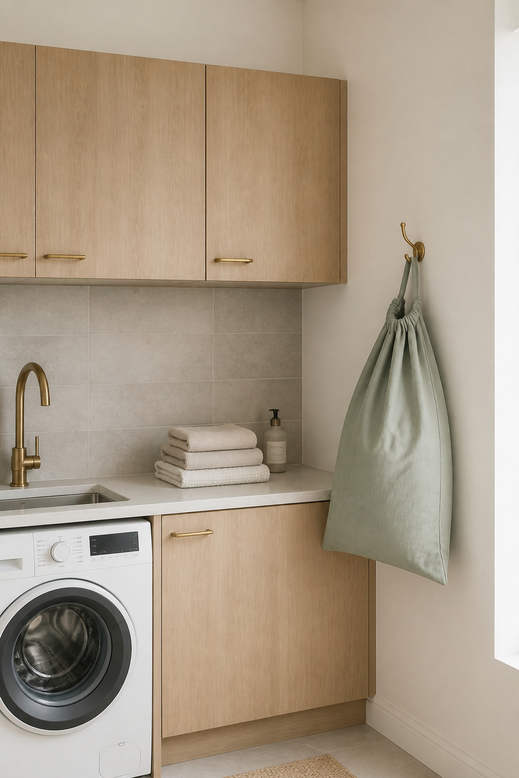 Scandinavian laundry room palette showing warm off-white walls, pale oak cabinet, warm grey stone-look tile and single sage-green linen accent
