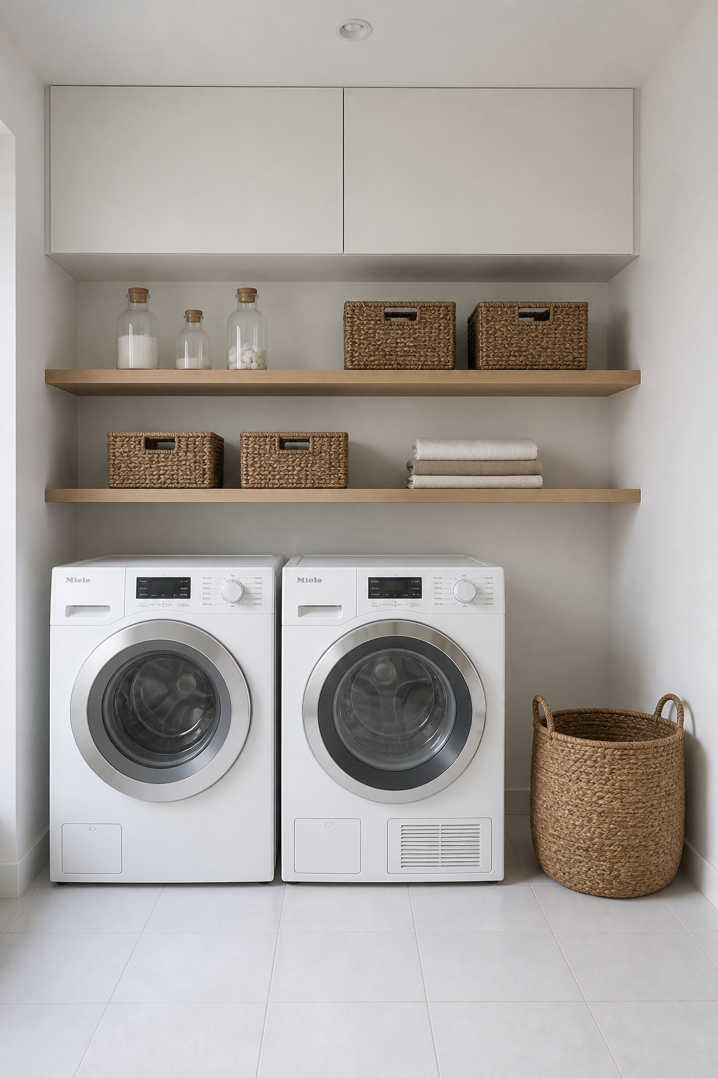 Complete Nordic laundry storage wall with white oak floating shelves, flat-panel white cabinet, seagrass baskets and clear floor