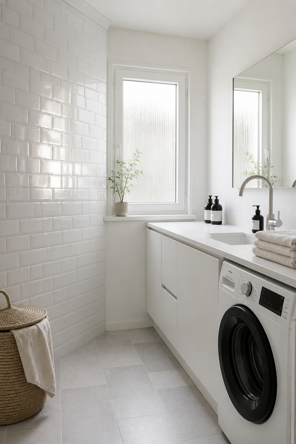 Compact Nordic laundry room with white gloss subway tile wall reflecting natural light from a frosted casement window, frameless mirror amplifying the daylight, pale stone floor tile