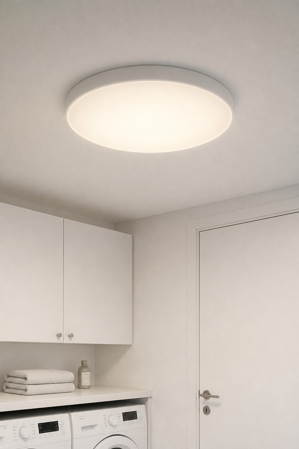 Close-up of a matte white IP44 flush-mount circular ceiling light with frosted diffuser on a white ceiling in a Scandinavian laundry room — clean, minimal Nordic fixture