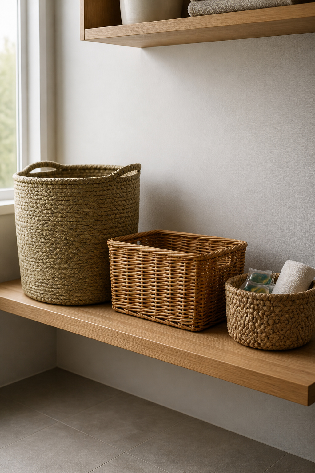 Three natural-fibre baskets on a Nordic laundry oak shelf — large seagrass hamper, medium rattan basket, small seagrass organiser