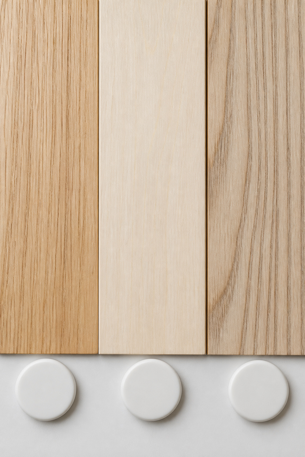 Three Nordic wood veneer samples side by side — pale oak, birch, and ash — showing their distinct undertones against a white reference surface