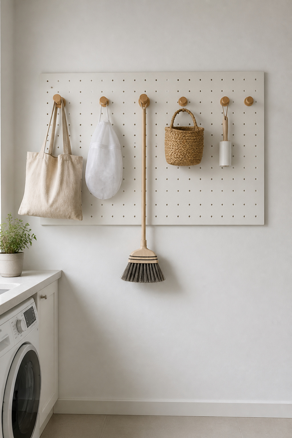 White pegboard in a Nordic laundry room with six minimal items on natural wood hooks, significant empty pegboard space visible