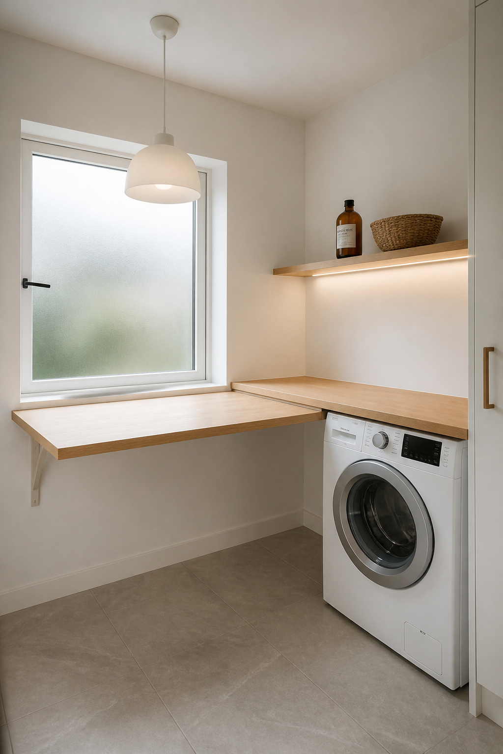 Bright Nordic laundry room flooded with soft natural light through a frosted window, pale oak folding counter with under-cabinet LED strip, single matte-white pendant, white washer and stone-look floor tile