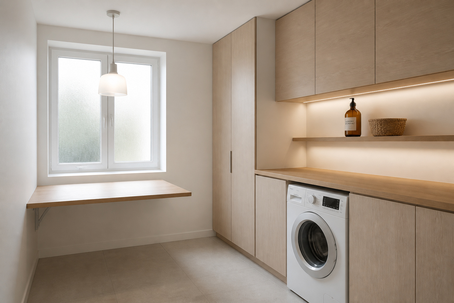 Bright Nordic laundry room flooded with soft natural light through a frosted window, pale oak folding counter with under-cabinet LED strip, single matte-white pendant, white washer and stone-look floor tile