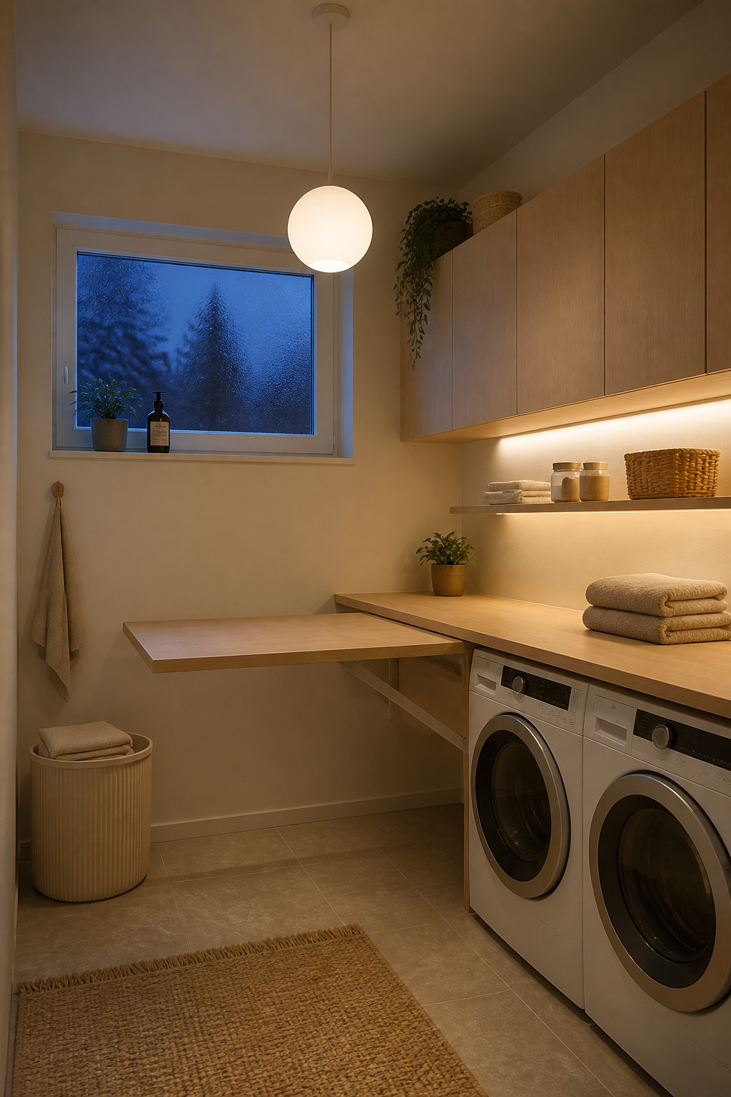 Scandinavian laundry room at winter dusk with warm 2700K globe pendant over oak folding counter and under-shelf LED task light, frosted window showing Nordic night sky