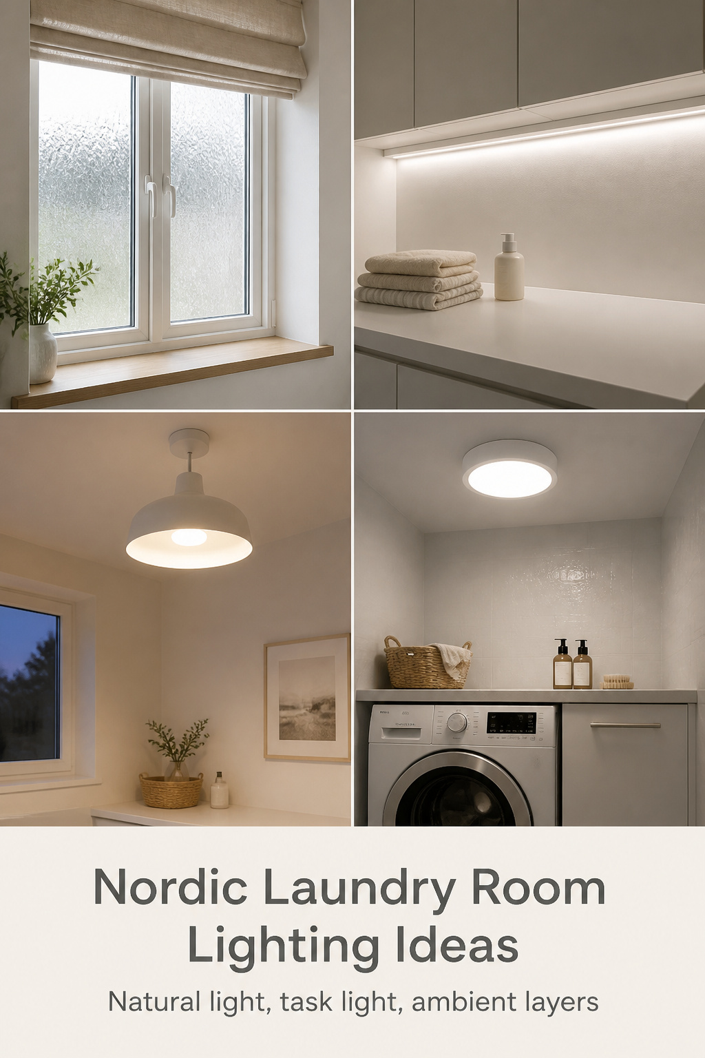 Four-panel Pinterest collage showing Nordic laundry room lighting: frosted window natural light, under-cabinet LED task strip, ambient pendant glow, and IP44-rated ceiling fixture over a washing machine