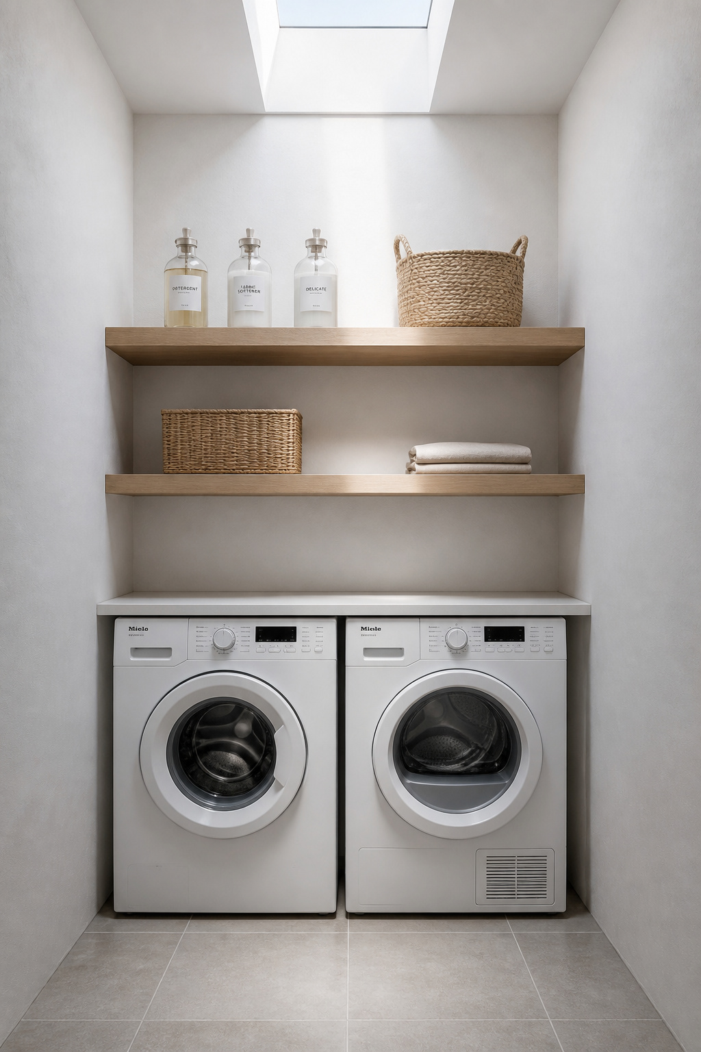 Nordic laundry room with oak floating shelves above front-loading washer and dryer, seagrass baskets, clear floor, daylight