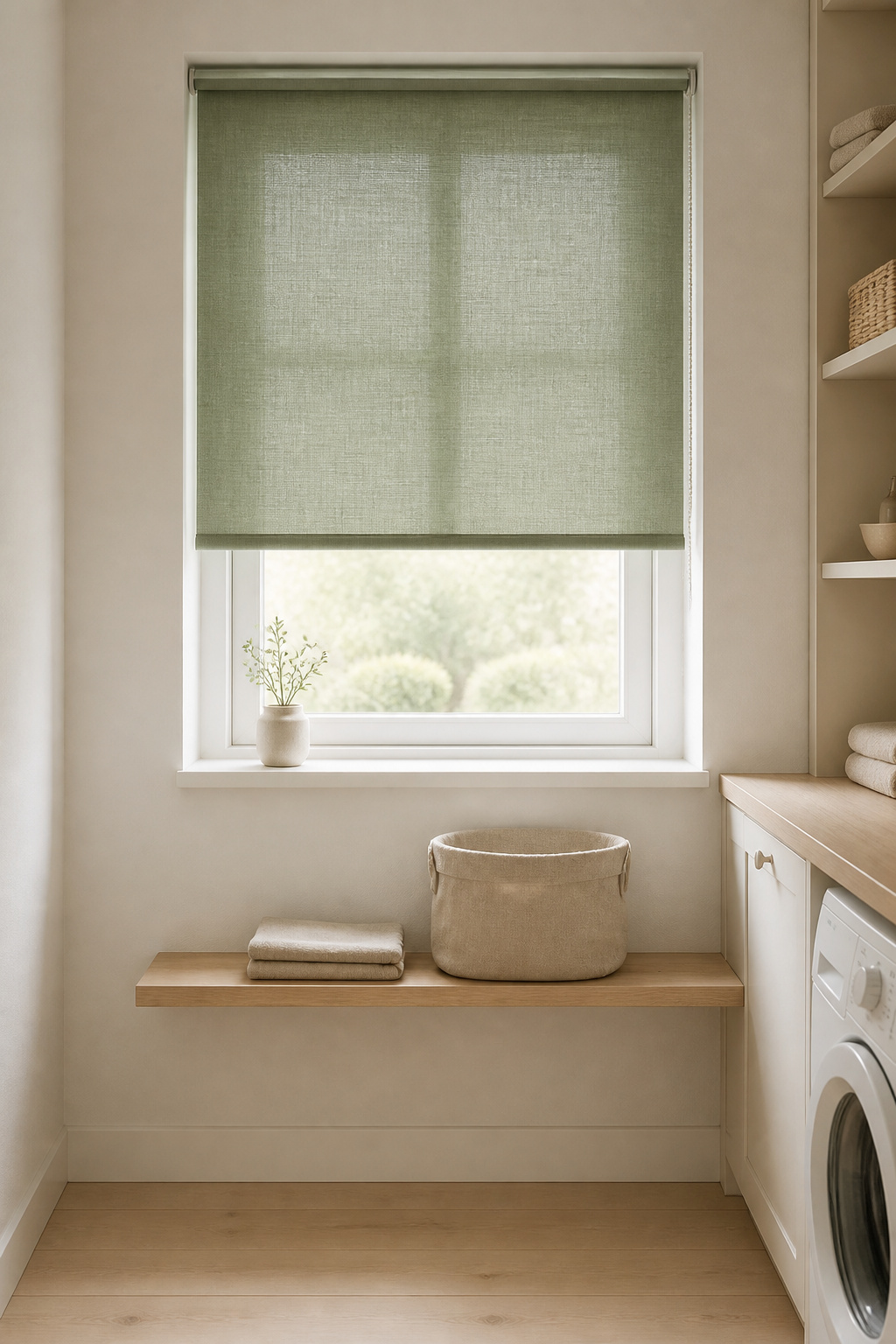 Nordic laundry room window with sage-green linen roller blind as the single colour accent against warm off-white walls and pale oak shelf