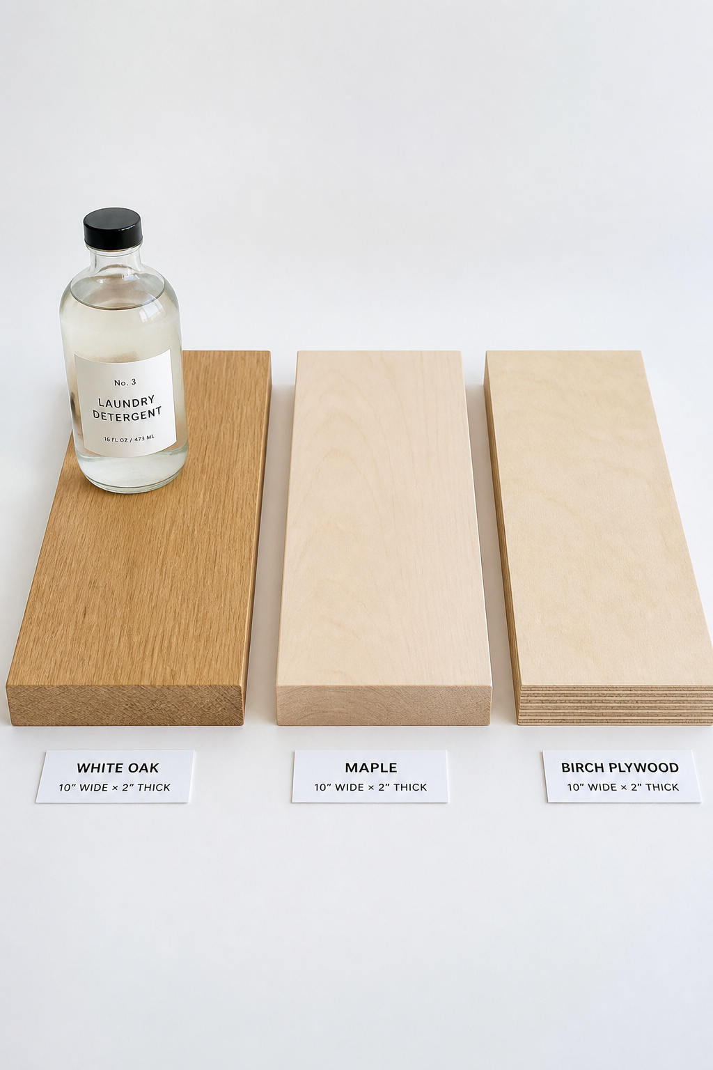 Side-by-side comparison of white oak, maple, and birch plywood shelf samples for Nordic laundry room floating shelves