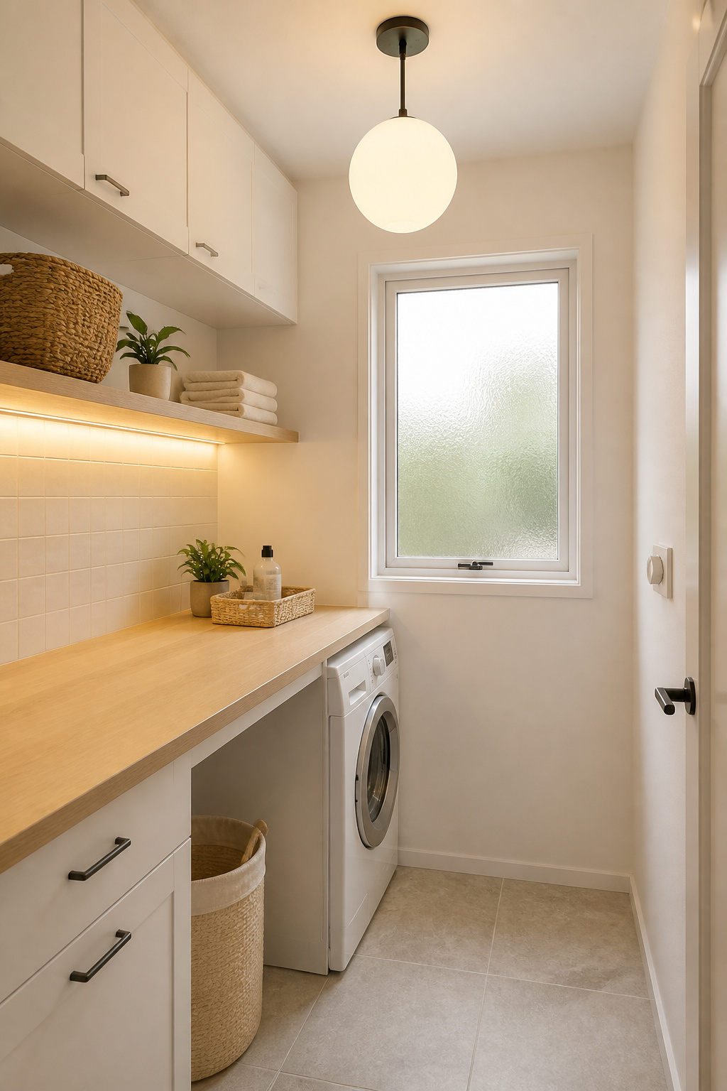 Nordic laundry room with all three light layers active — frosted window natural light, 4000K under-cabinet LED on oak counter, and 2700K matte white pendant globe above, white walls and stone tile floor
