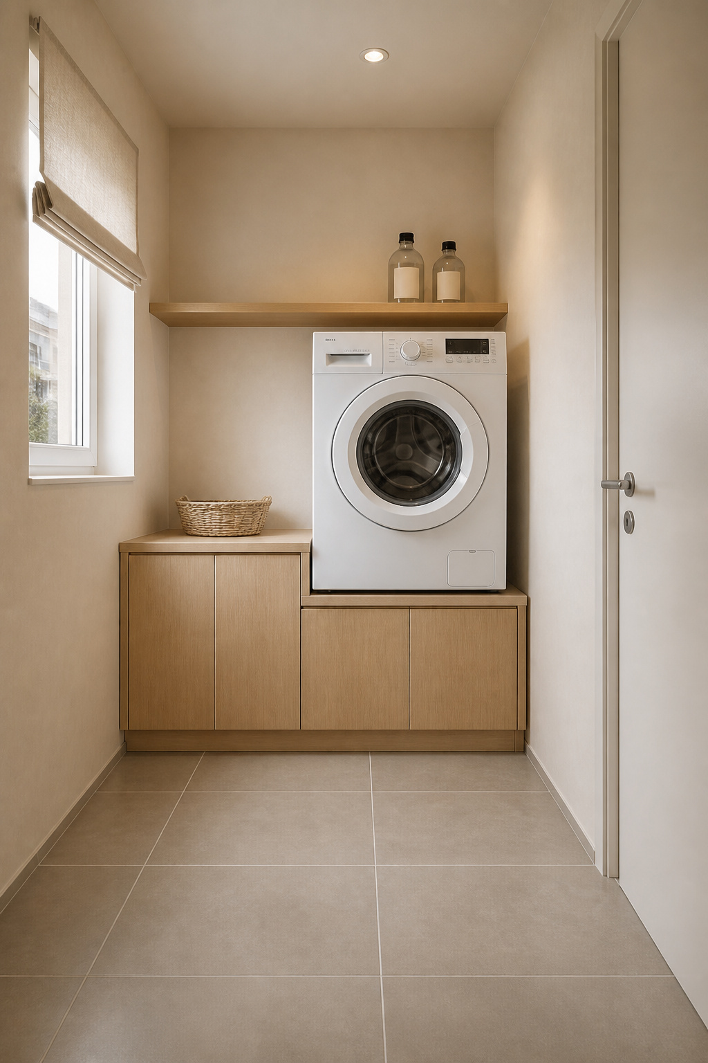 Complete Nordic laundry room palette: warm off-white satin walls, pale oak cabinetry and shelf, warm-grey stone-look porcelain tile floor, ecru linen blind