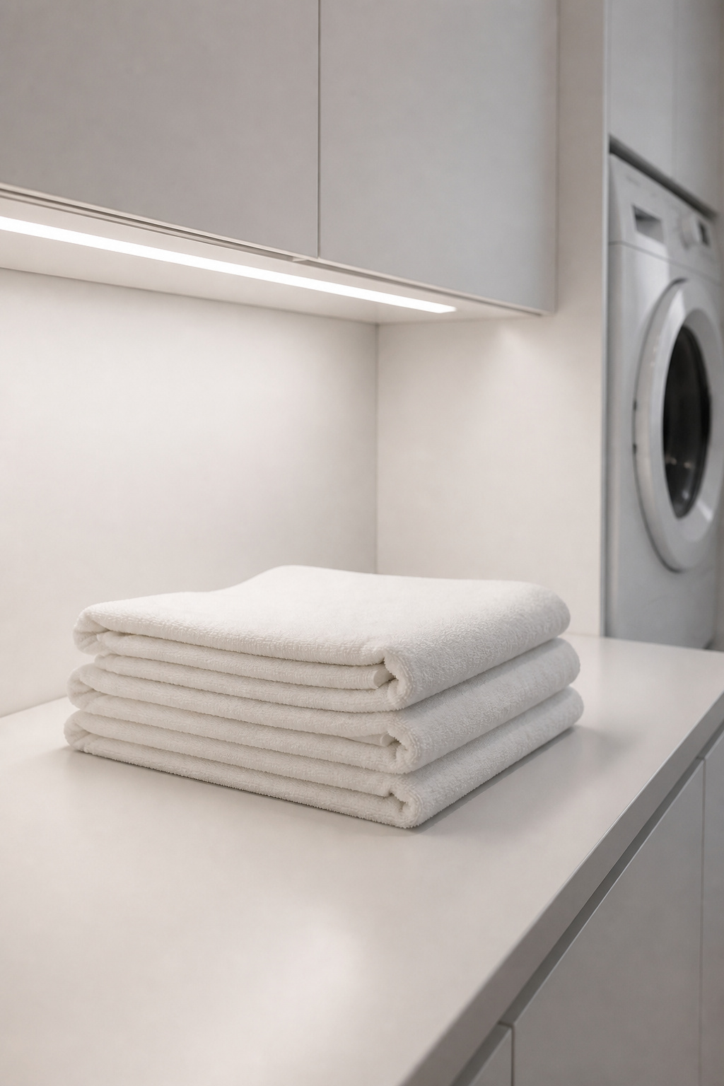Under-cabinet LED strip casting even 4000K light over a white Nordic laundry folding counter with neatly folded white towels, matte white handleless cabinets above