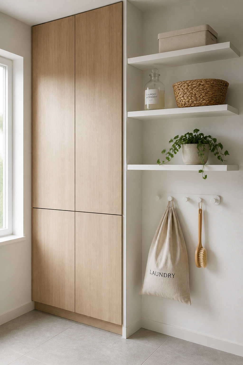 Scandinavian laundry room vertical storage wall with pale oak flat-front cabinet, open shelves holding seagrass basket and glass decanter, and white wall hooks below