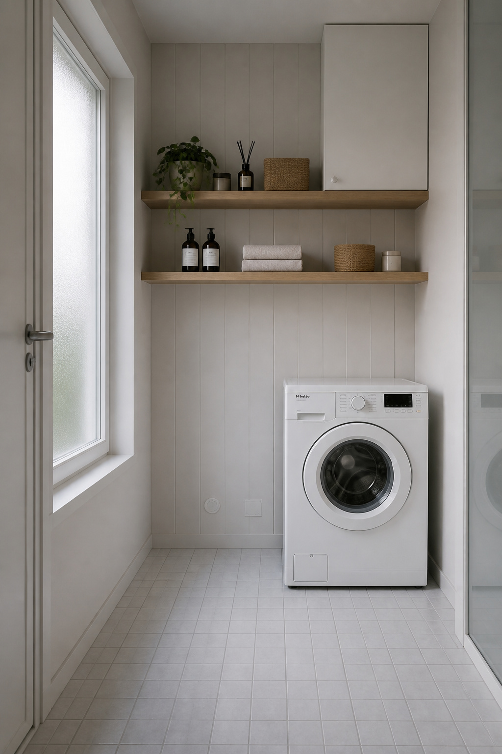 Narrow Nordic laundry room wall with oak floating shelves above a front-loading washer and completely clear white tiled floor