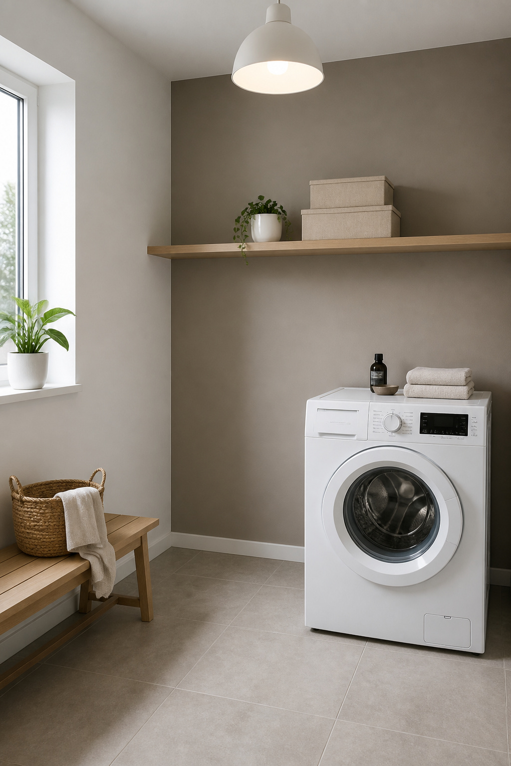 Scandinavian laundry room with warm greige feature wall behind the washing machine, pale oak shelf, and warm-grey porcelain tile floor