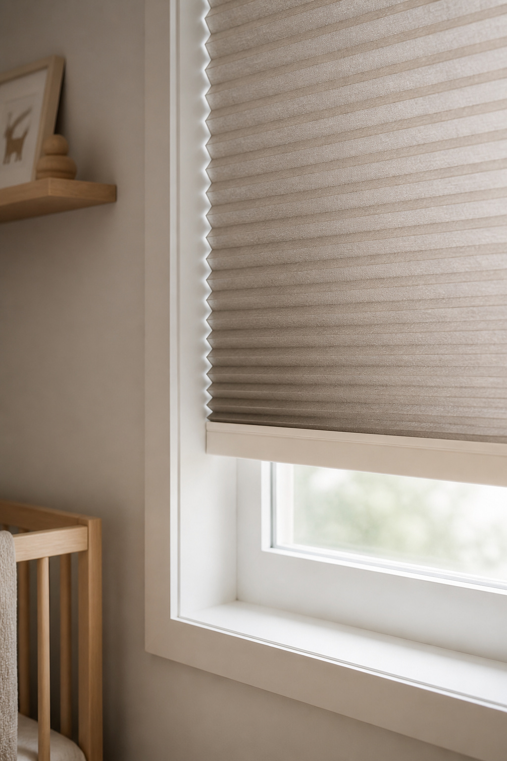 Cordless cellular blackout shade mounted inside a nursery window frame