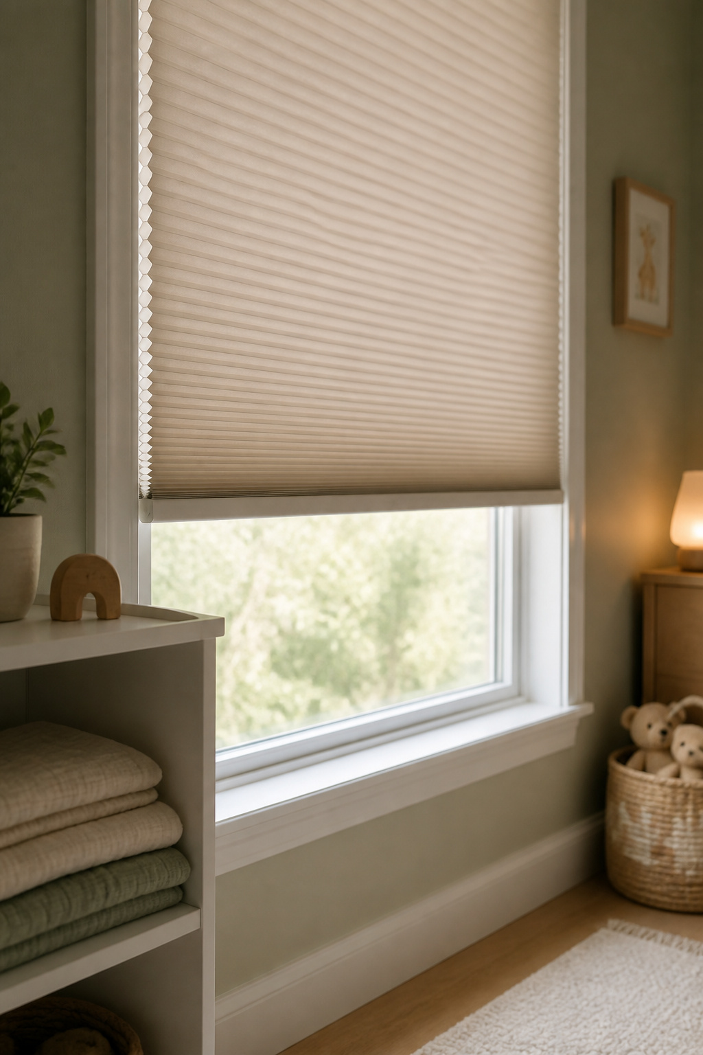 Nursery window fitted with a cordless honeycomb blackout shade, a safe window treatment for a child's room
