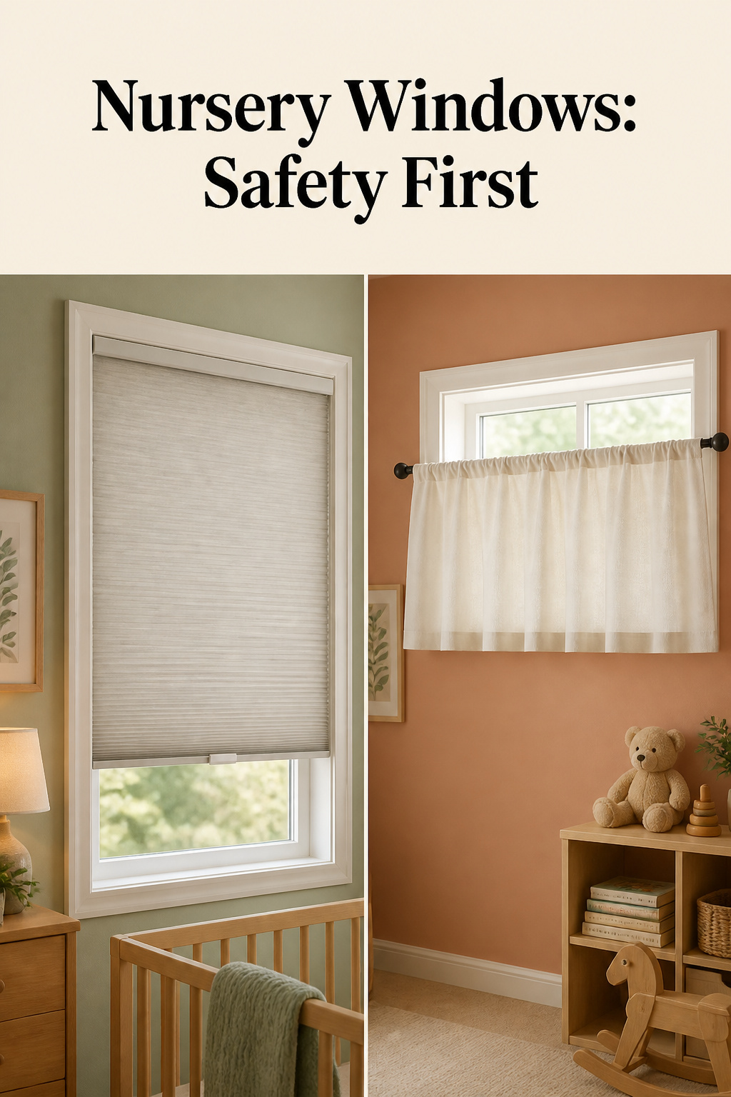 Pinterest pin comparing a cordless cellular blackout shade and a short high-mounted cafe curtain, two safe nursery window treatment ideas