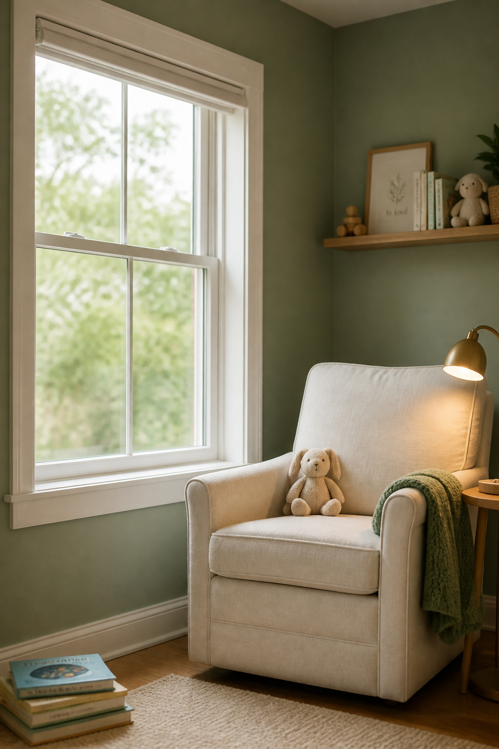 Nursery reading corner with a cordless cellular shade on the window, an example of a safe and calm children's space