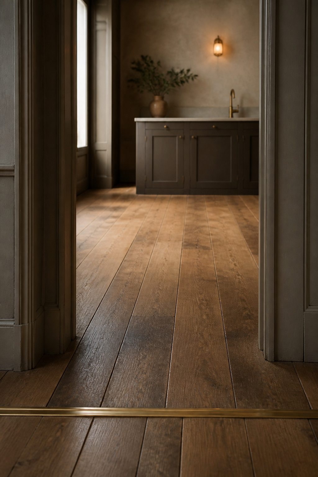 Aged wide-plank oak floor running unbroken from a hallway into a kitchen through a brass threshold strip