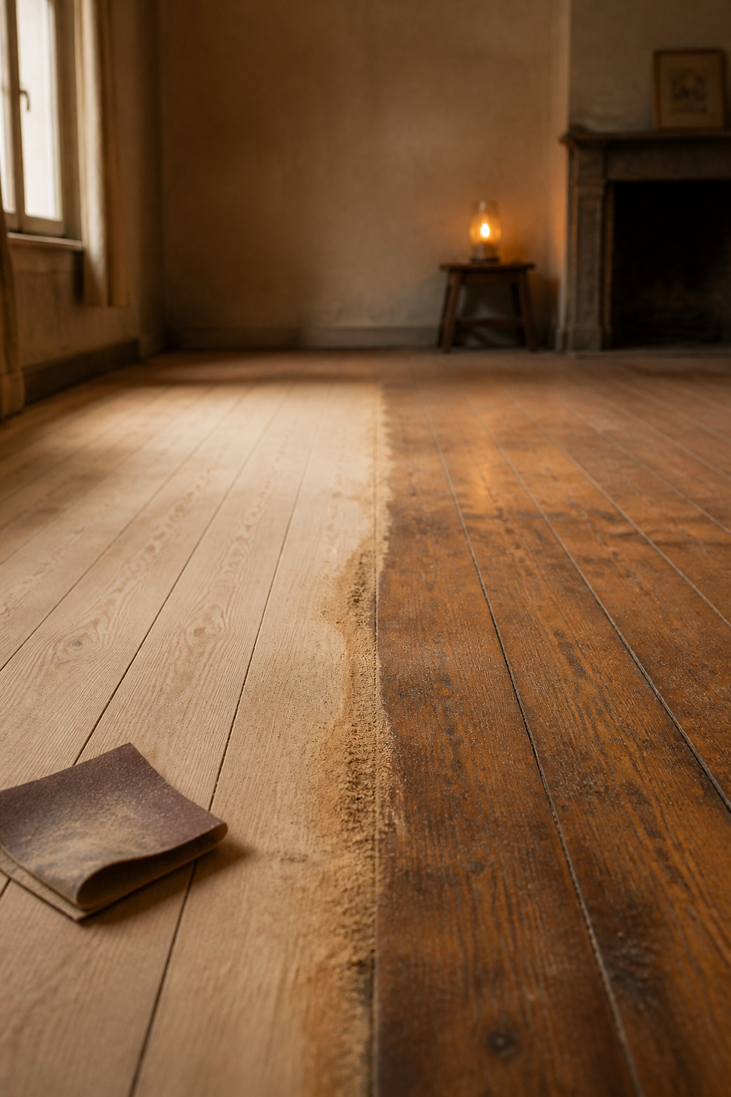Old oak floorboards mid-refinish showing raw sanded wood next to the original aged finish