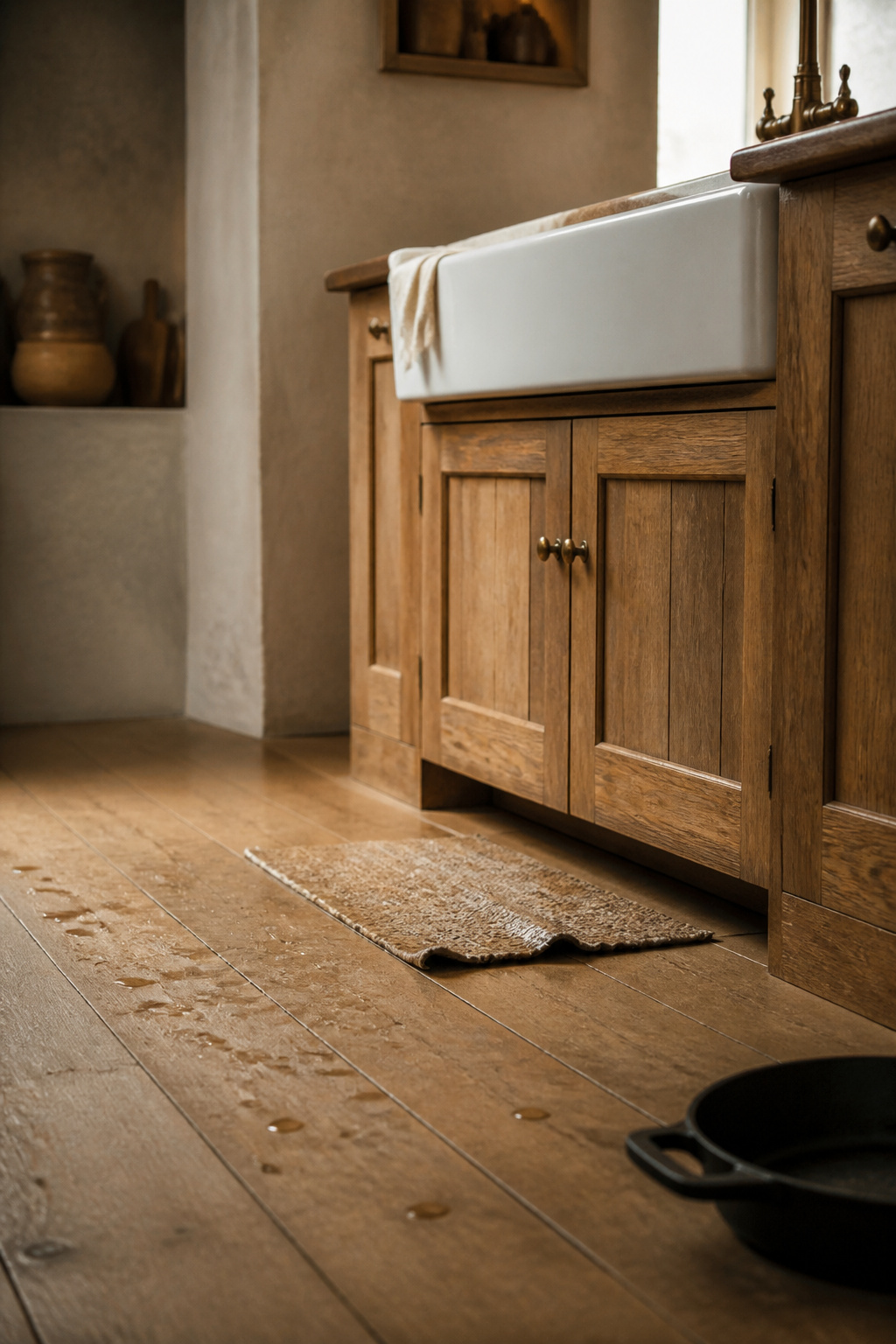 Honey oak kitchen floorboards with scattered water droplets at the base of a farmhouse sink cabinet