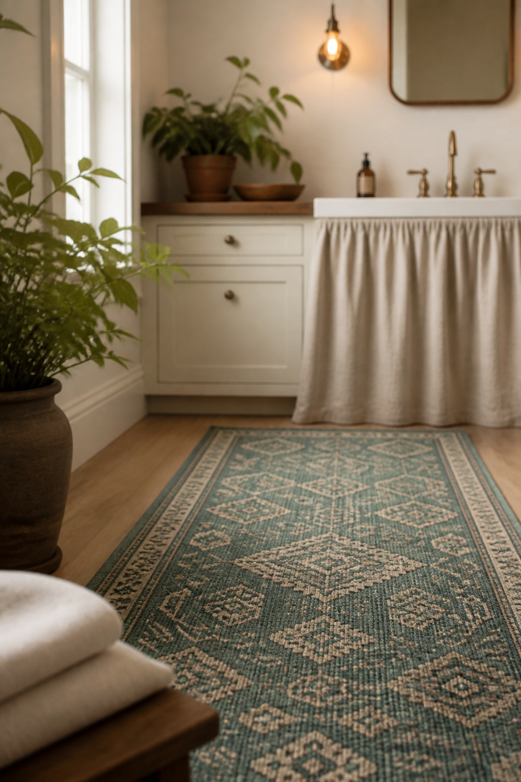 Patterned muted teal runner rug as the single bold textile against solid-colour towels and sink skirt