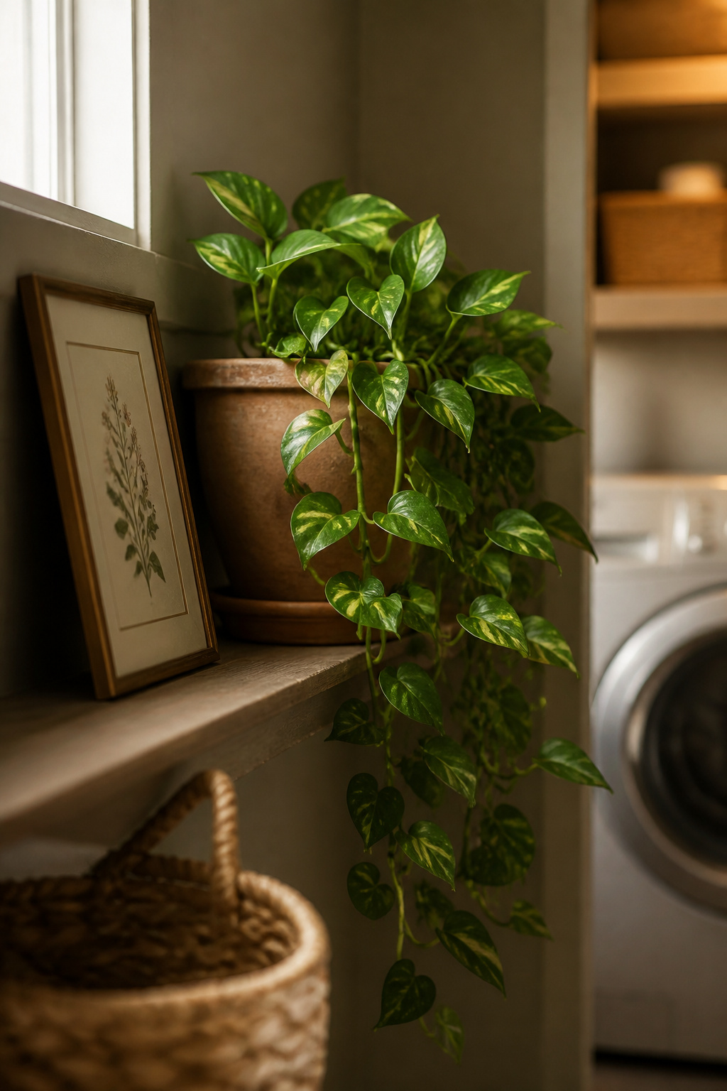 One trailing pothos plant and one small framed print styled together on a narrow laundry room shelf