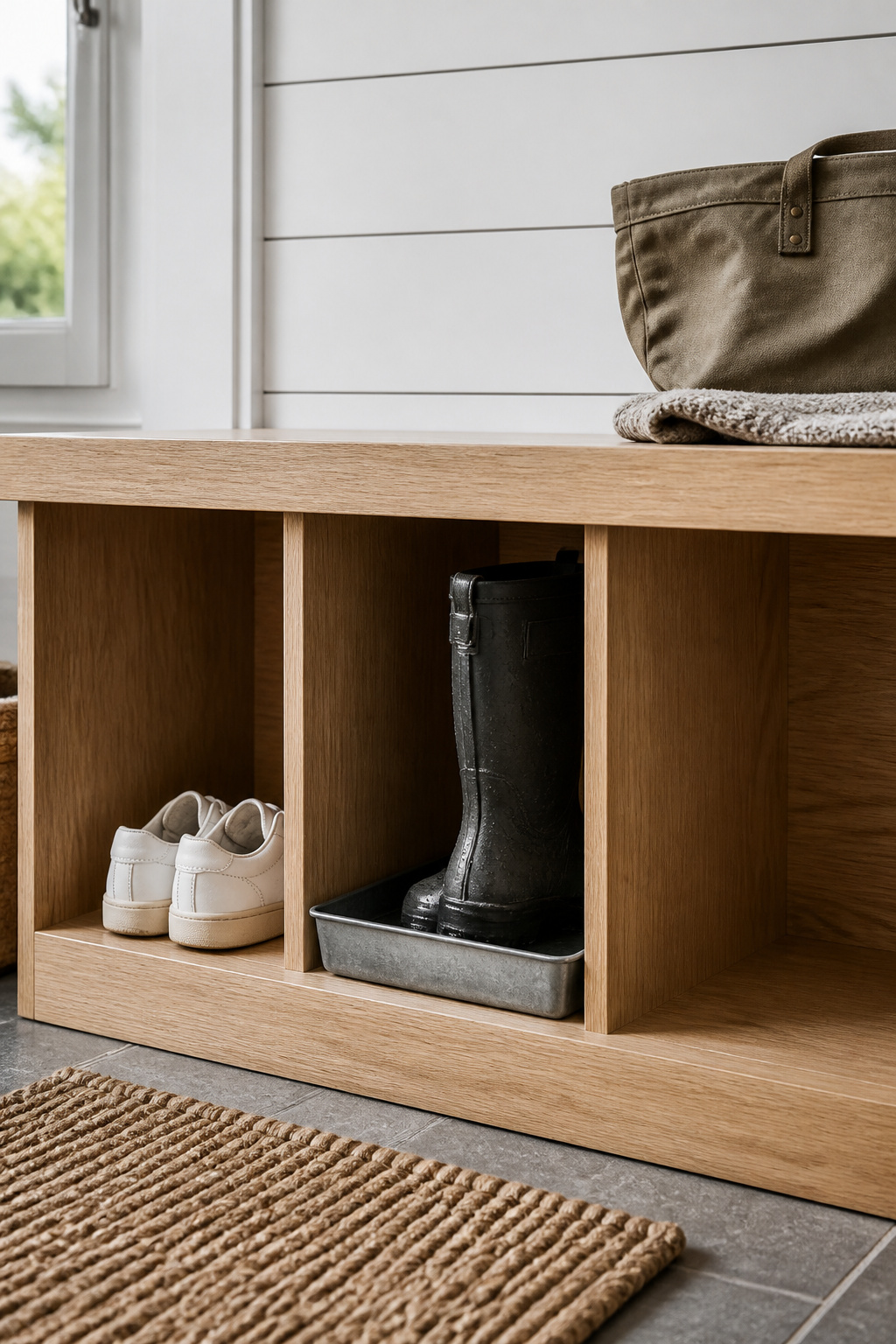 Light oak open cubby bench showing sneakers in one slot, a metal drip tray with a wet boot in another, and an empty third cubby