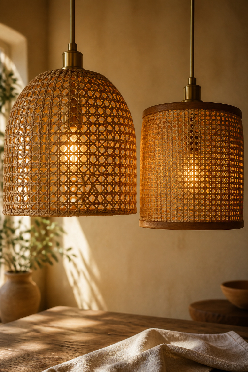 Open-weave rattan pendant shade beside a tight-weave cane pendant shade, showing the difference between dappled shadow and even glow