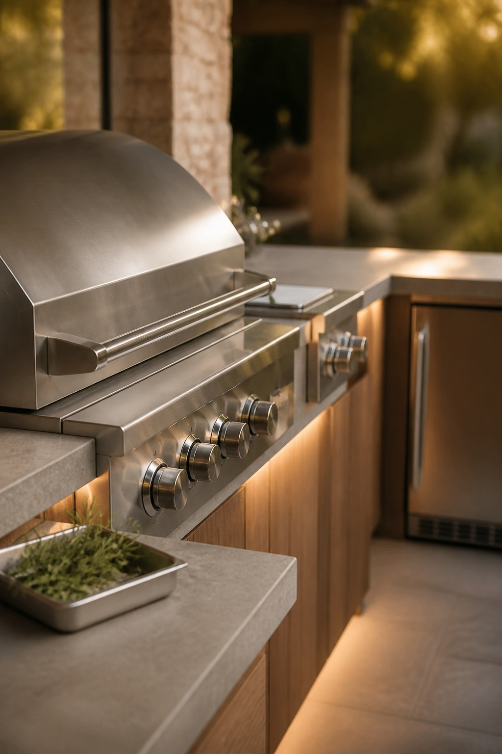 Built-in stainless steel grill with side burner and integrated mini-fridge in an outdoor kitchen counter