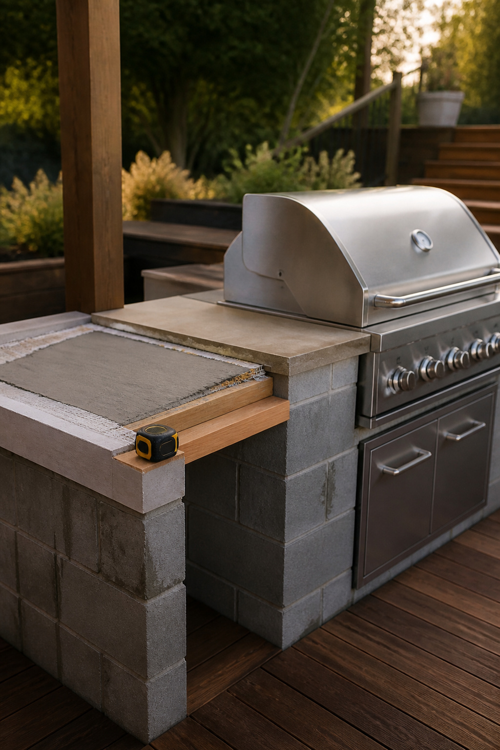 Outdoor kitchen mid-construction with concrete block frame, installed grill and one unfinished counter section