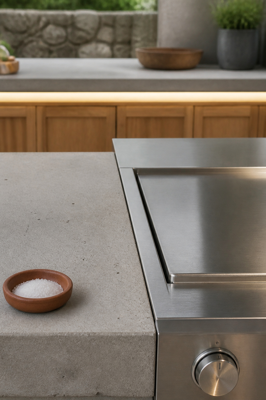 Honed concrete outdoor kitchen counter meeting a brushed stainless steel cooking zone insert
