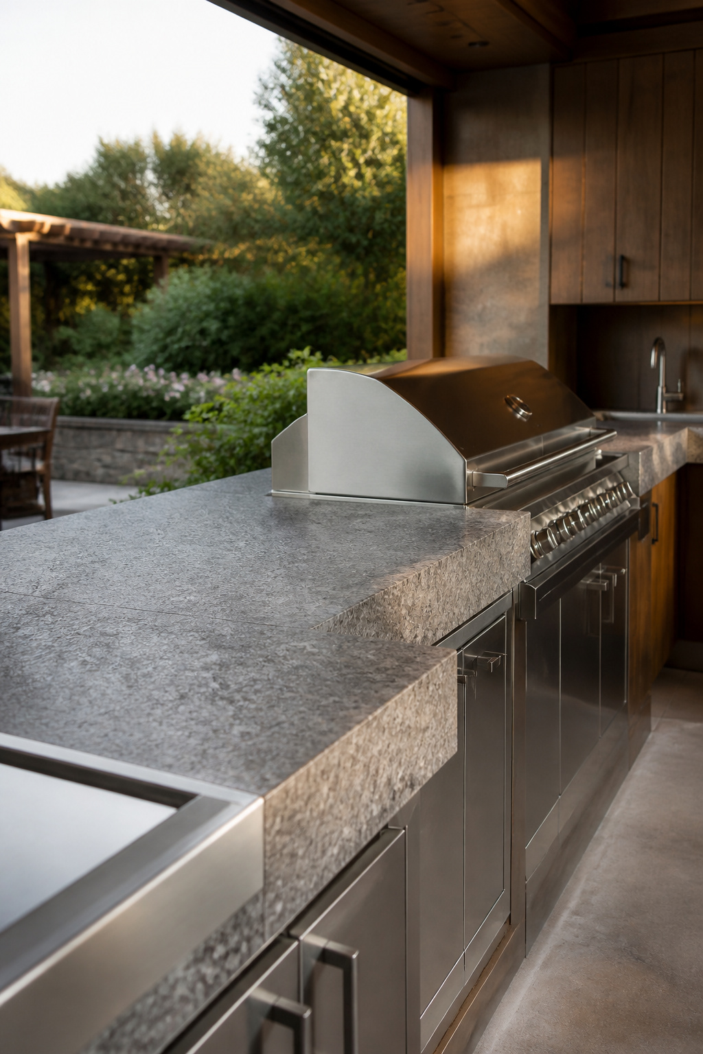 Outdoor kitchen island with honed granite countertop, built-in grill and cedar cabinetry in warm afternoon light