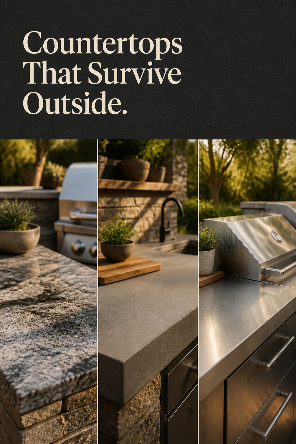 Three-panel collage of outdoor kitchen countertop materials including granite, concrete and stainless steel with charcoal banner reading Countertops That Survive Outside