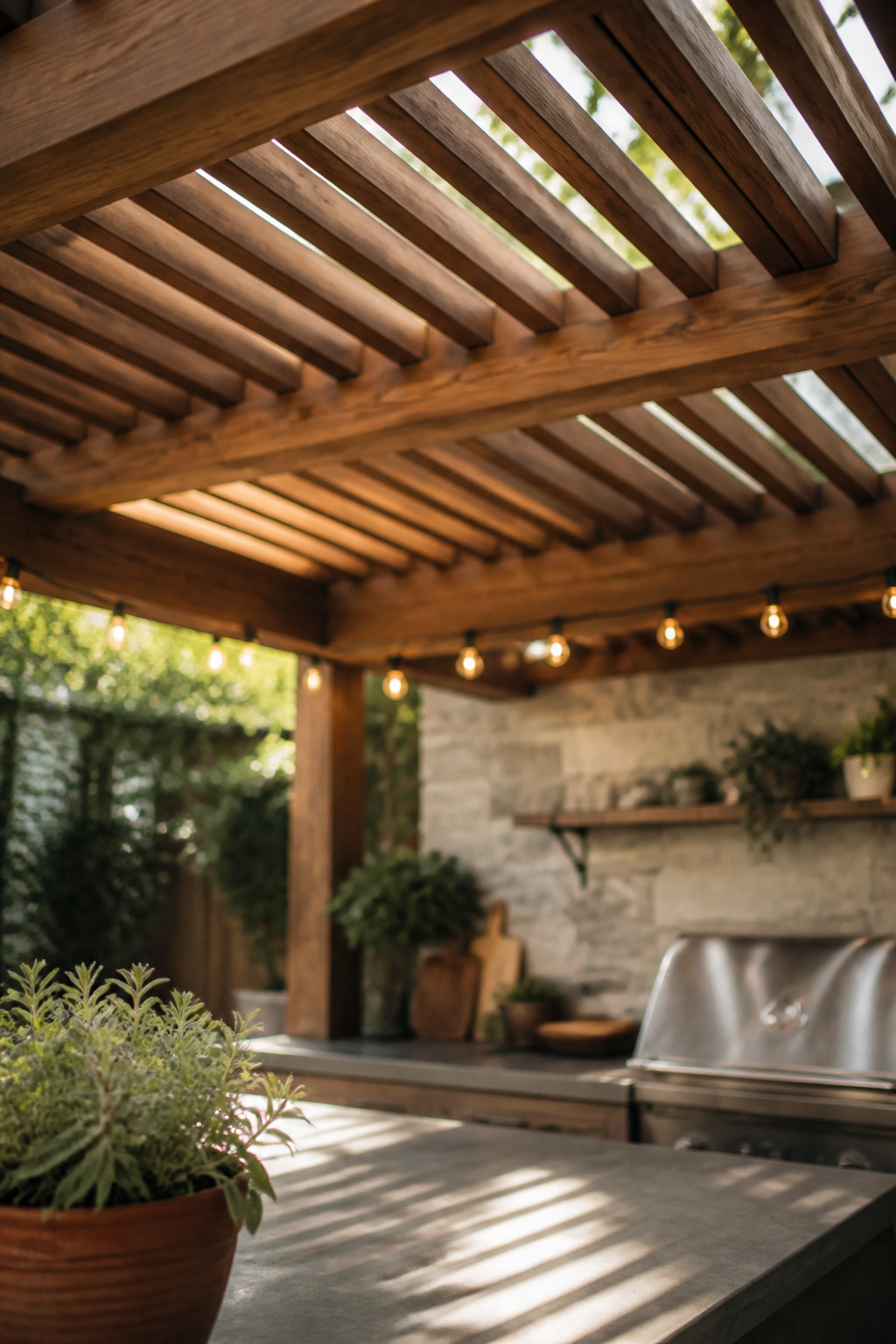 Cedar louvered pergola roof shading an outdoor kitchen counter with string lights strung along the beams