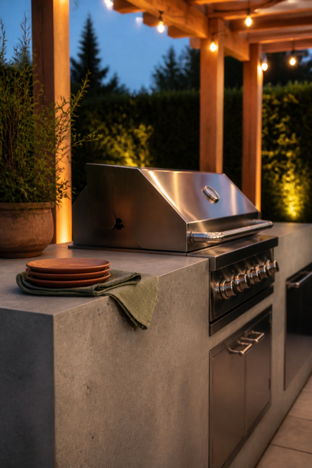 Outdoor kitchen with honed concrete counter and stainless steel grill lit by warm string lights at dusk