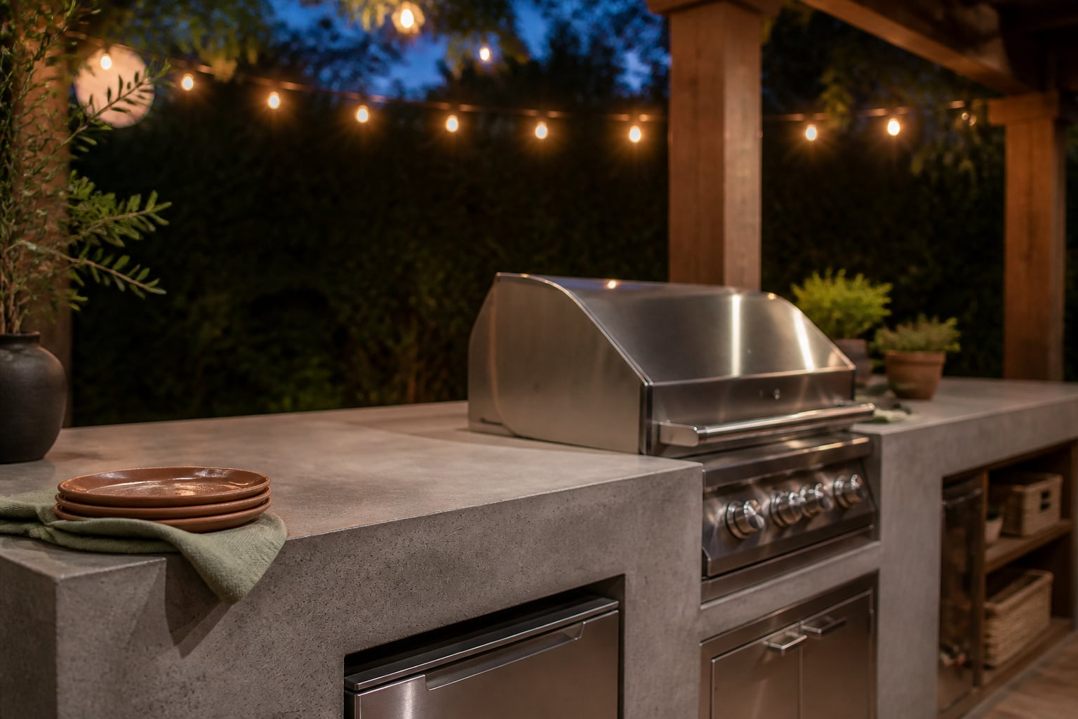 Outdoor kitchen with honed concrete counter and stainless steel grill lit by warm string lights at dusk