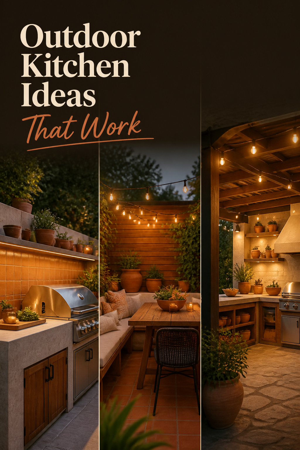 Pinterest collage of outdoor kitchen ideas showing stone counters, dining nook and covered cook space