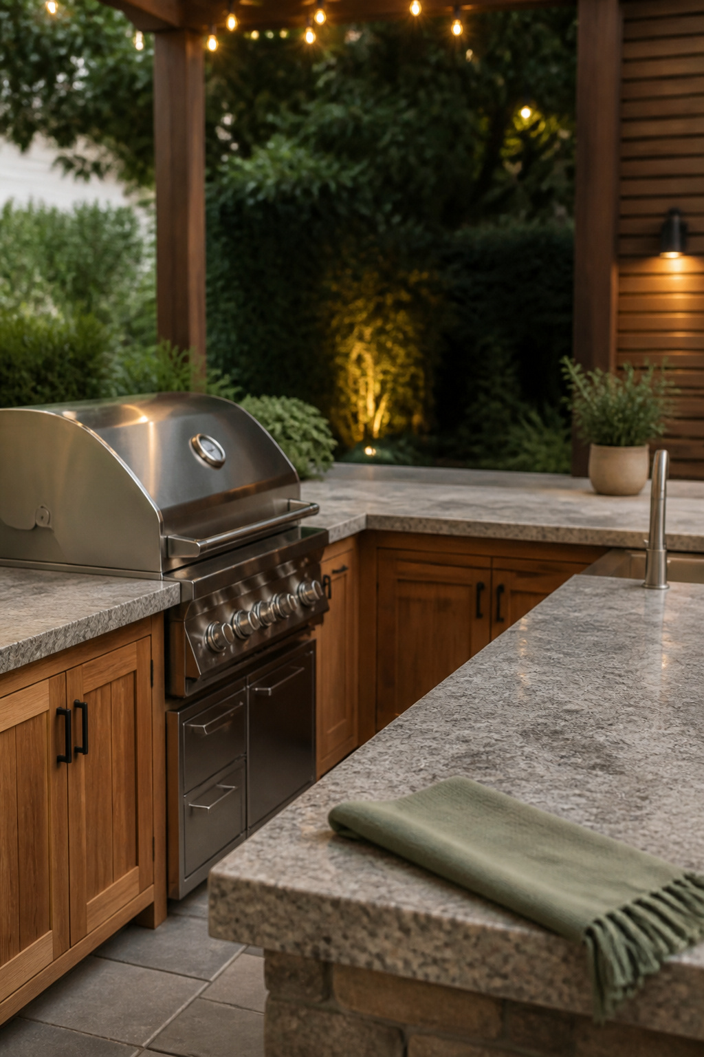 L-shaped outdoor kitchen with granite counter, built-in grill and separate prep sink zone