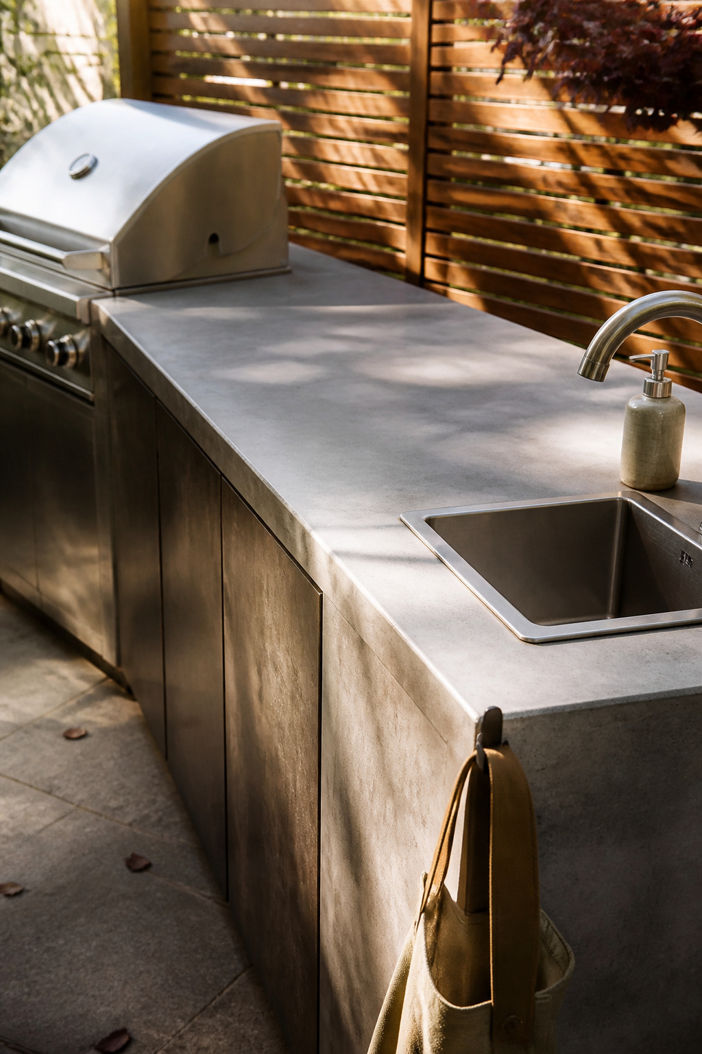 Outdoor kitchen counter showing clear landing space between a built-in grill and a sink