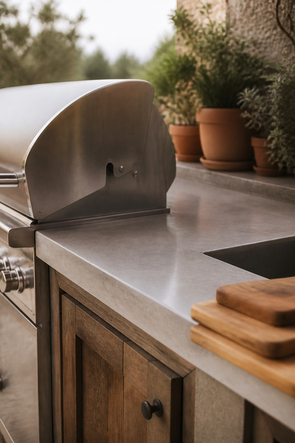 Outdoor kitchen counter showing grill, sink and prep zones grouped in sequence