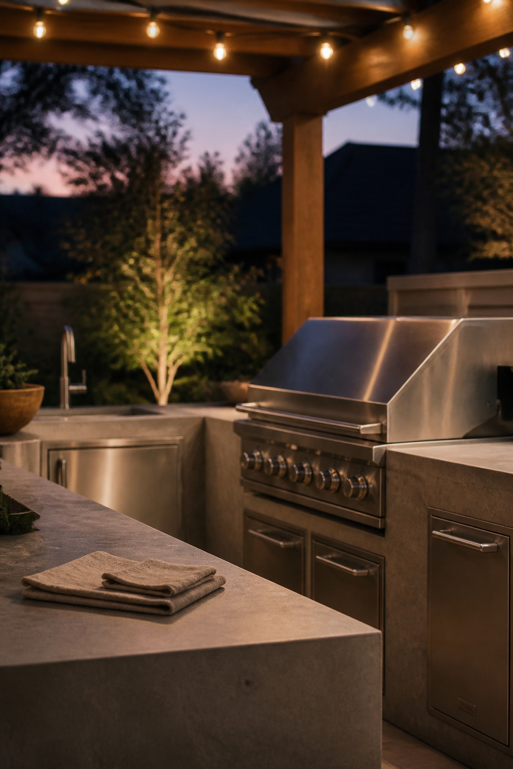 Zoned outdoor kitchen island with grill, counter and prep space arranged on a stone patio at dusk