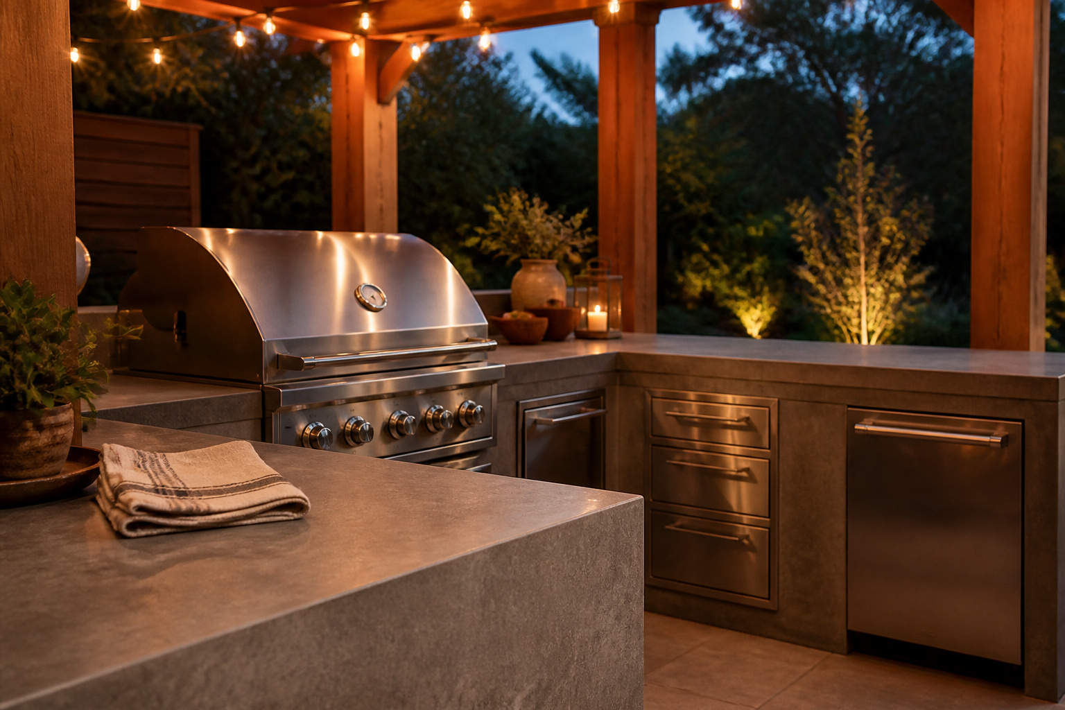Zoned outdoor kitchen island with grill, counter and prep space arranged on a stone patio at dusk